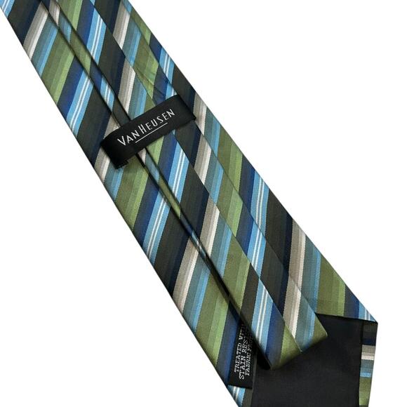 Van Heusen Men's 100% Silk Green and Blue Striped Tie - Picture 4 of 6
